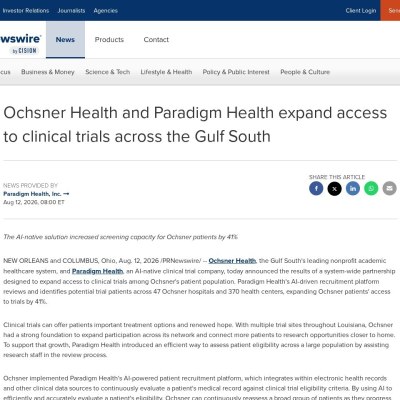 https://www.prnewswire.com/news-releases/ochsner-health-and-paradigm-health-expand-access-to-clinical-trials-across-the-gulf-south-302849203.html